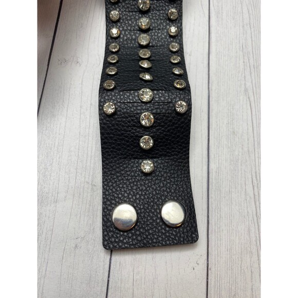 Black Wide Faux Leather Cuff Bracelet with Clear Crystal Studs Adjustable - Picture 3 of 5